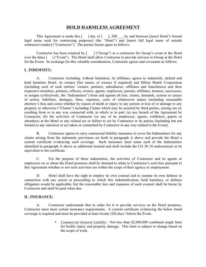 Contractor Hold Harmless Agreement Template Hold Harmless Agreement Free Documents for Pdf