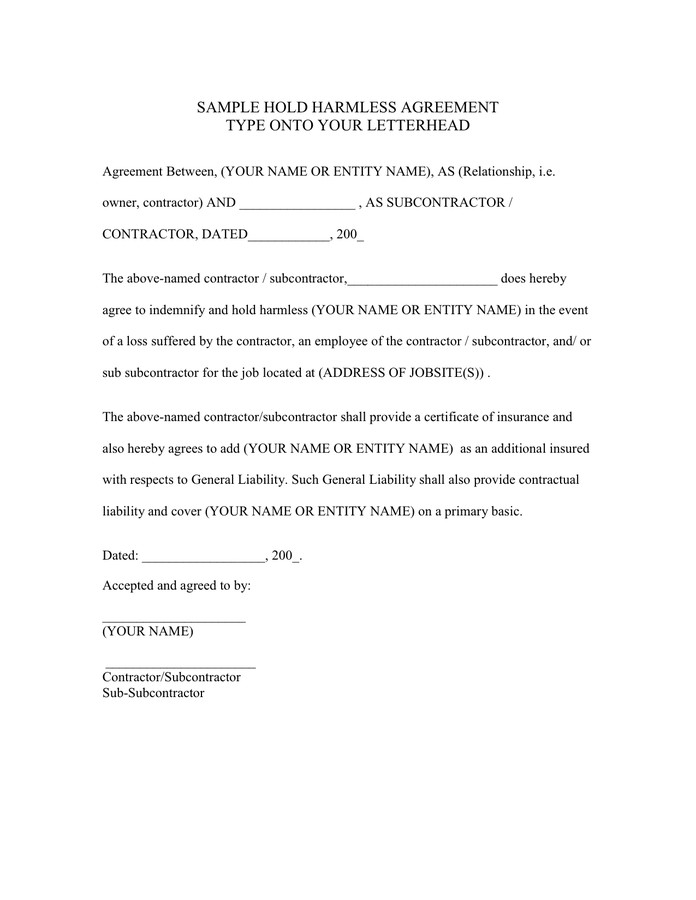 Contractor Hold Harmless Agreement Template Hold Harmless Agreement In Word and Pdf formats
