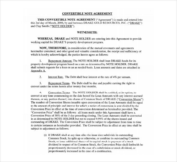 Convertible Promissory Note Template Sample Convertible Note Agreement 9 Free Documents
