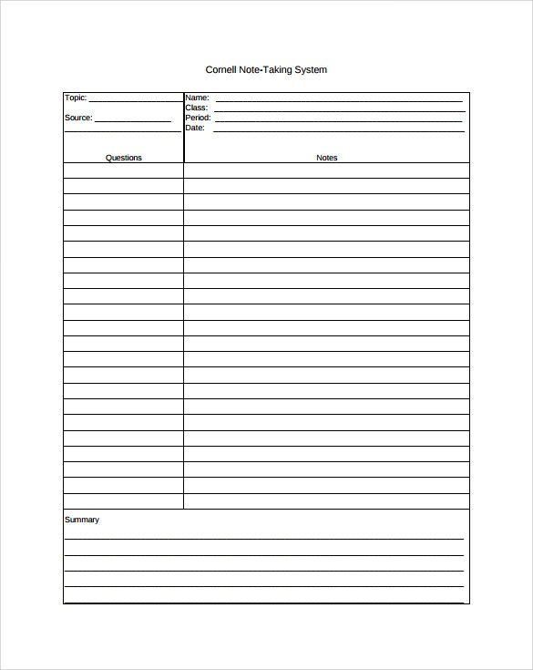 Cornell Notes Word Template Sample Cornell Note Taking Template 8 Free Documents In