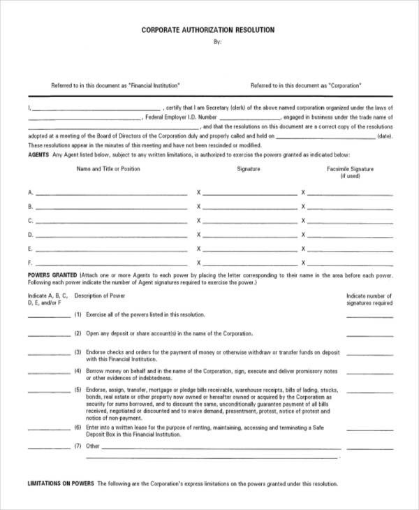 Corporate Resolution Template Microsoft Word Corporate Resolution form 7 Free Word Pdf Documents