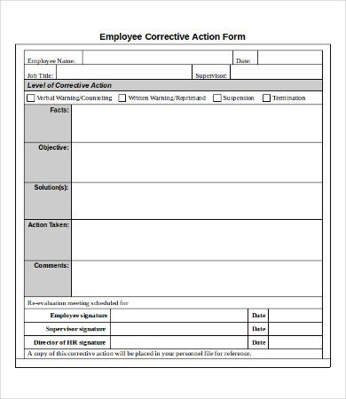 Corrective Action form Template Employee Corrective Action form
