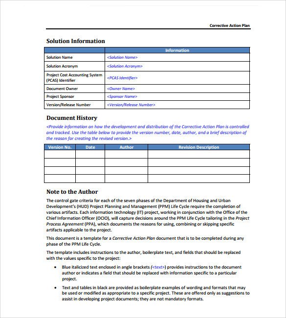 Corrective Action Plan Template Sample Corrective Action Plan Template 14 Documents In