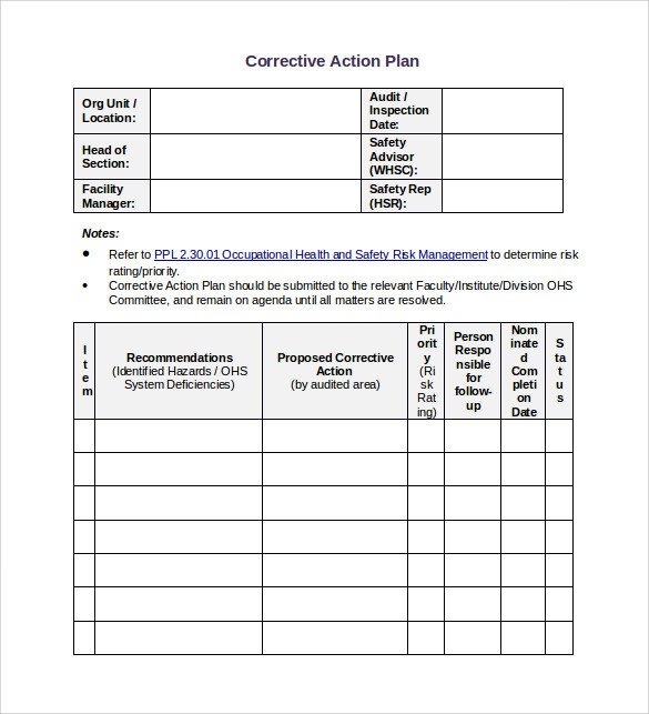 Corrective Action Plan Template Sample Corrective Action Plan Template 14 Documents In