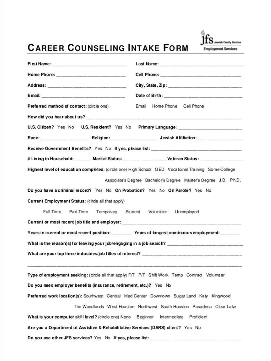 Counseling Intake form Template 7 Career Counseling forms Free Sample Example format