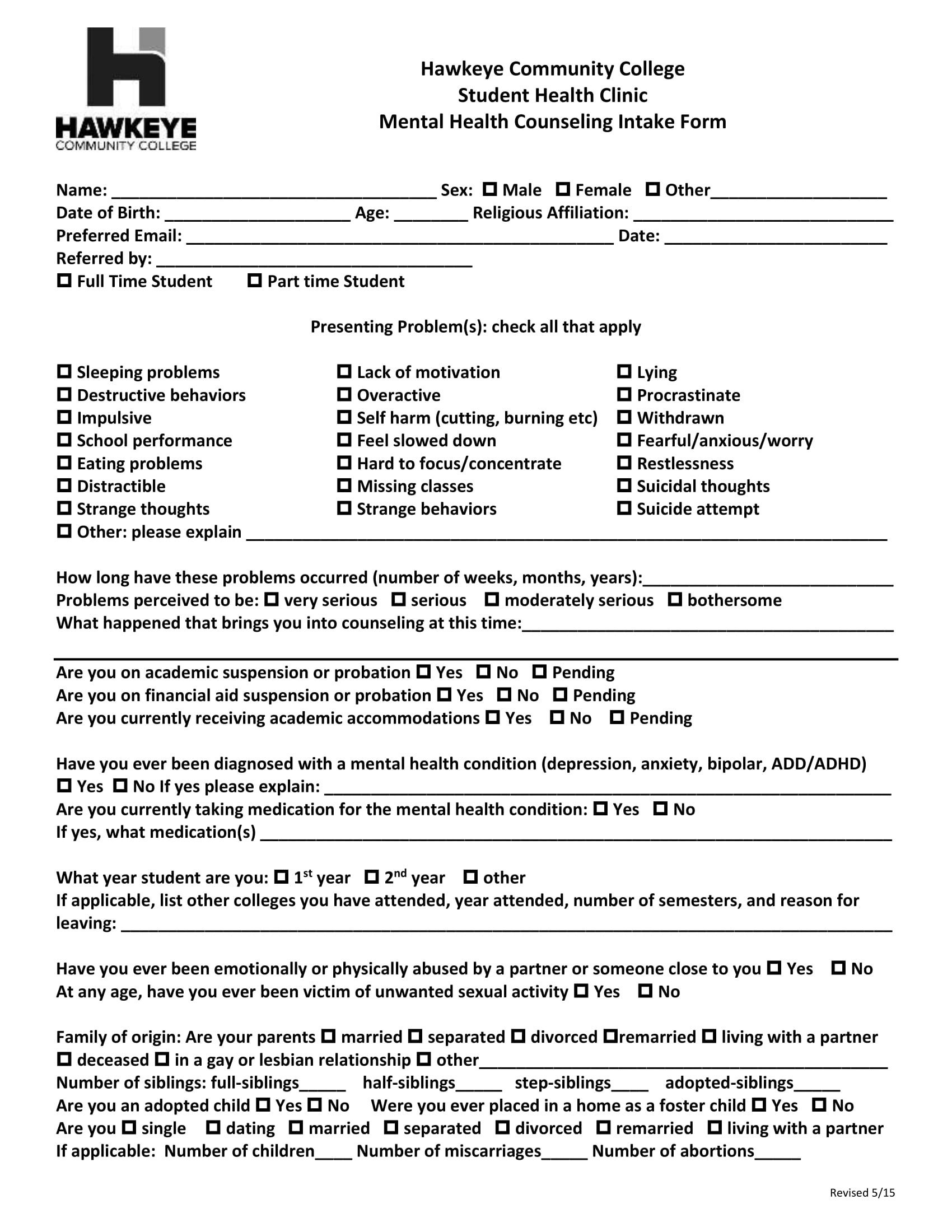 Counseling Intake form Template 9 Mental Health Providers Intake forms Pdf Doc