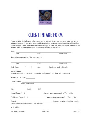 Counseling Intake form Template Counseling Intake forms Samples