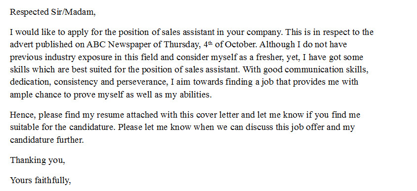 Cover Letter No Experience Cover Letter for Sales assistant with No Experience