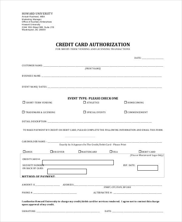 Credit Card Authorization Template Credit Card Authorization form Sample 8 Examples In