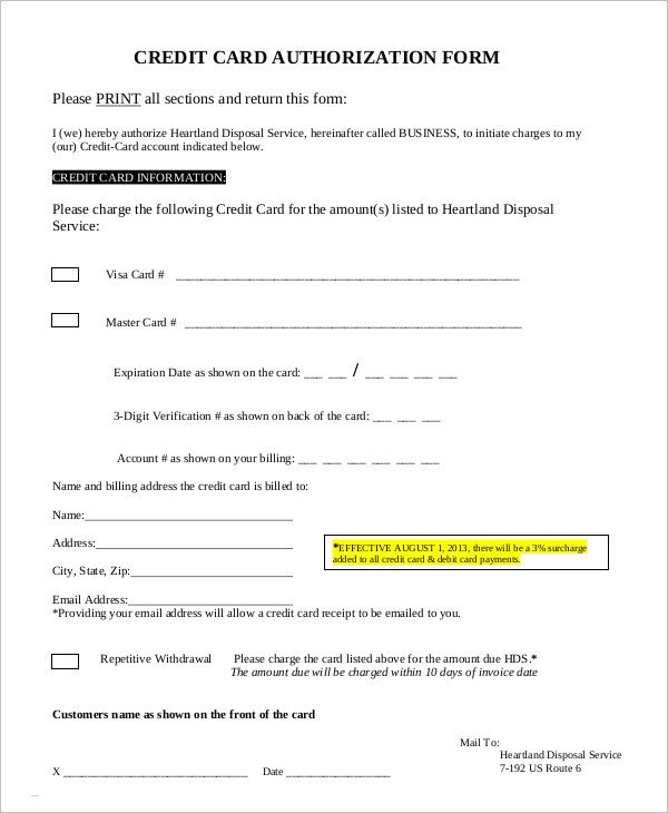 Credit Card Authorization Template Credit Card Authorization form Template 10 Free Sample