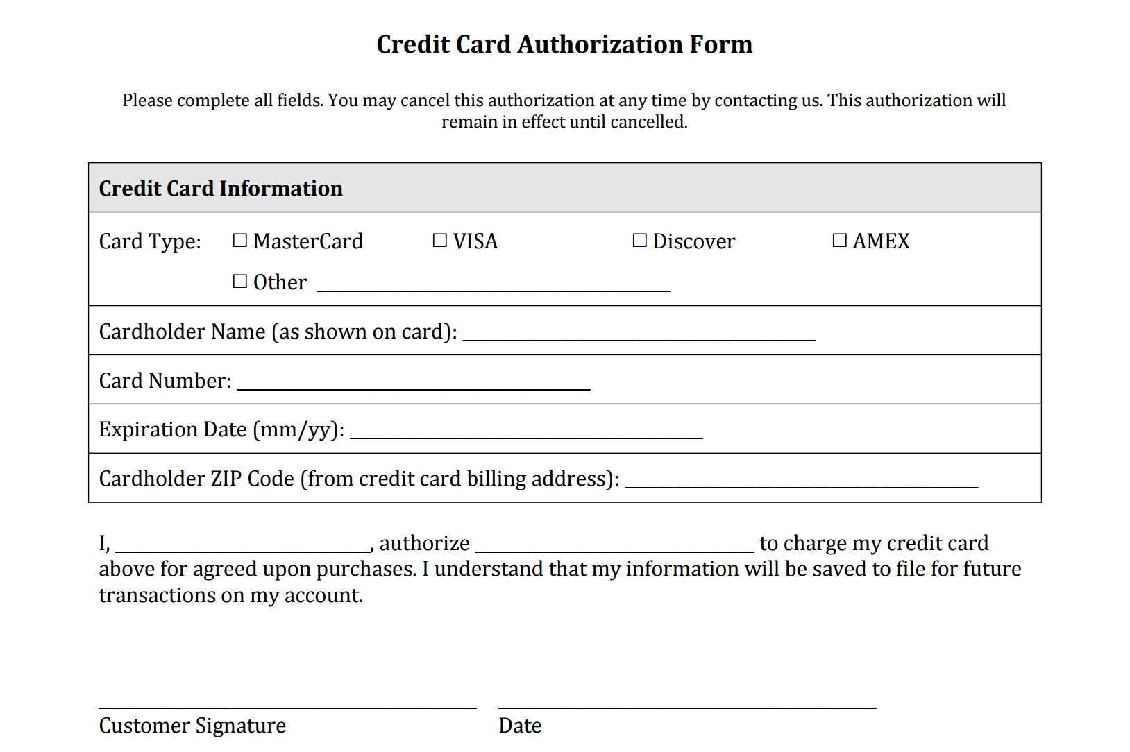 Credit Card Authorization Template Credit Card Authorization form Templates [download]