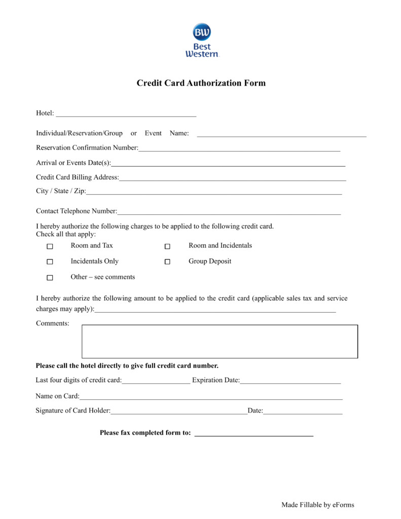 Credit Card Authorization Template Free Best Western Hotel Credit Card Authorization form