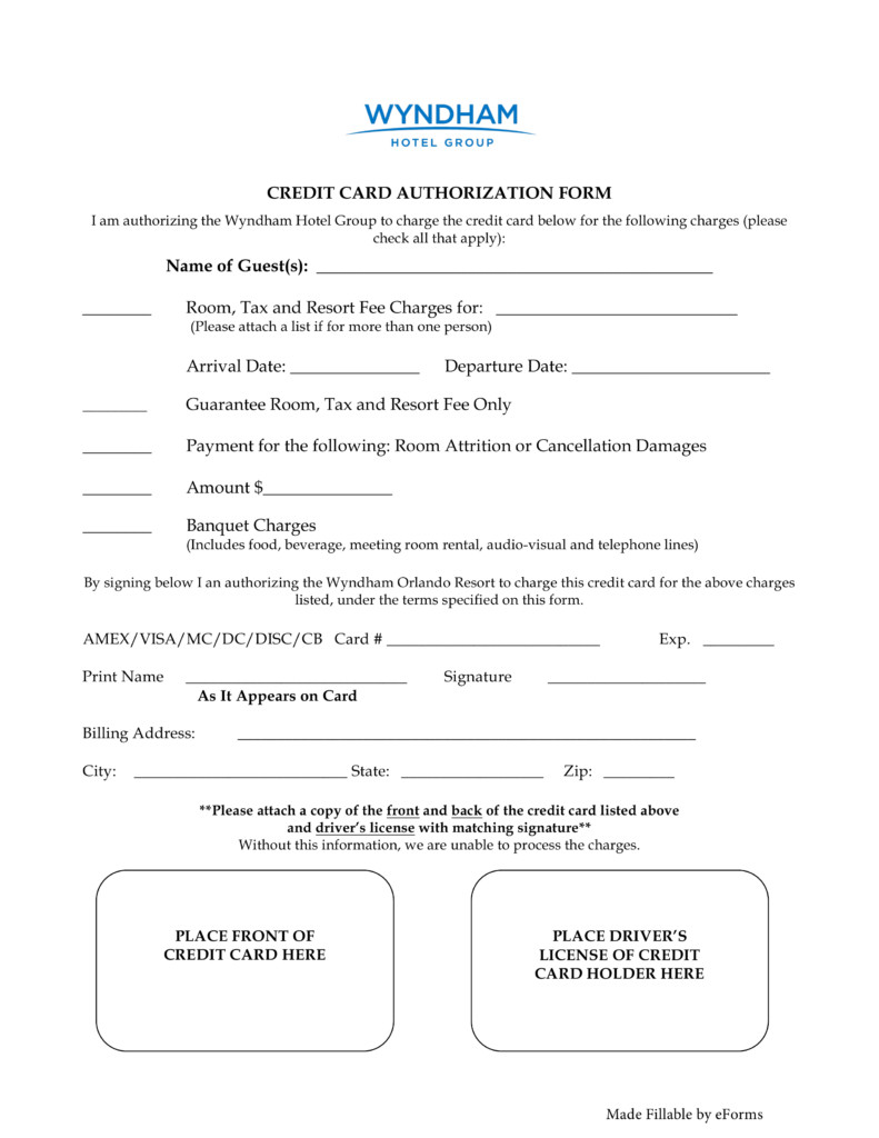 Credit Card Authorization Template Free Wyndham Hotels Credit Card Authorization form Word
