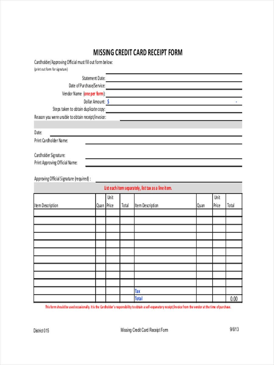 Credit Card Receipt Template 7 Generic Receipt forms Free Sample Example format