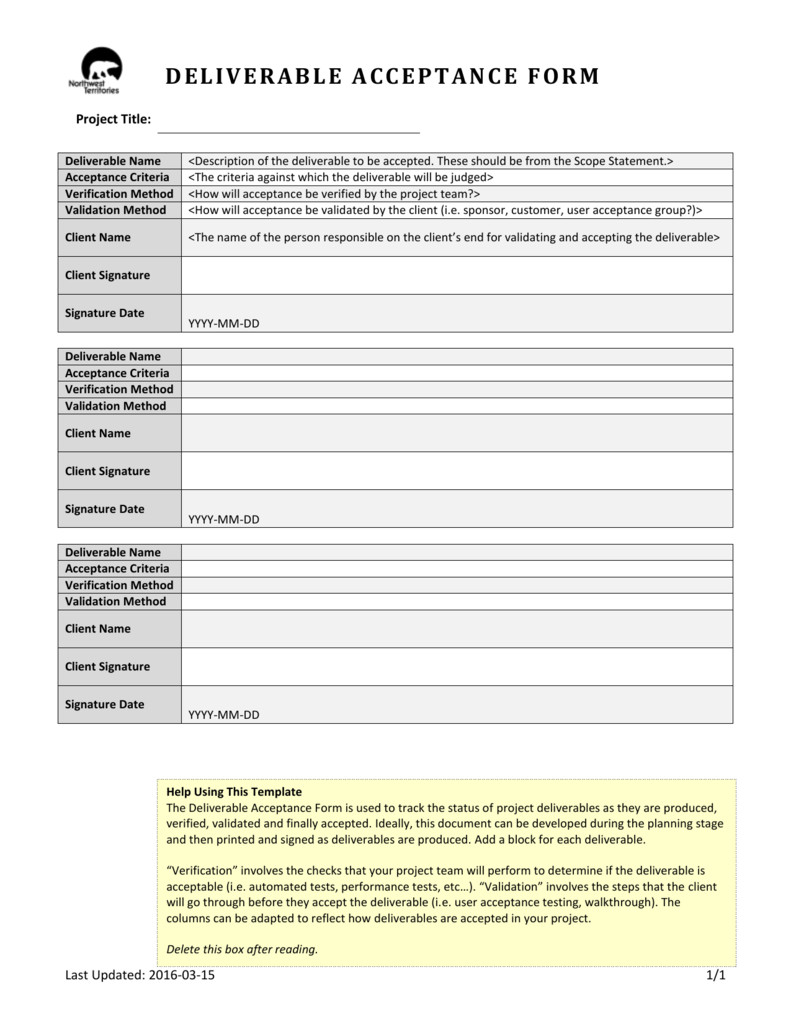 Customer Acceptance form Template Deliverable Acceptance form