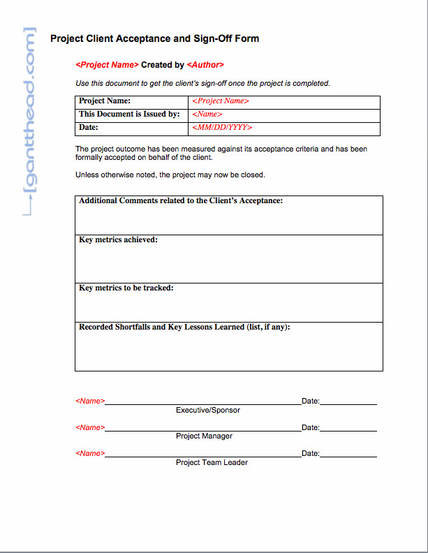 Customer Acceptance form Template Projectmanagement Project Client Acceptance and Sign