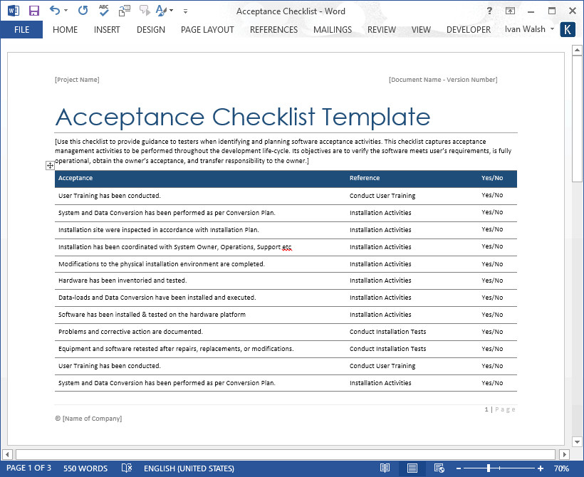Customer Acceptance form Template software Testing – Acceptance Checklist Template