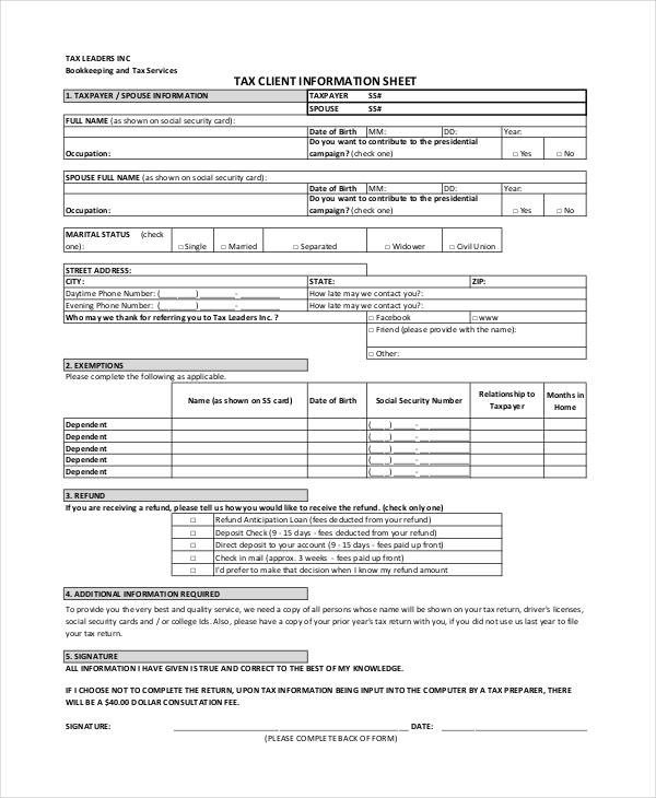 Customer Information form Template 9 Client Information Sheet Templates Free Samples