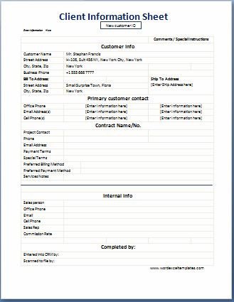 Customer Information form Template Business format Client Information Sheet