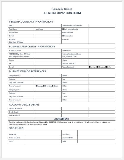 Customer Information form Template Client Information form Template for Word