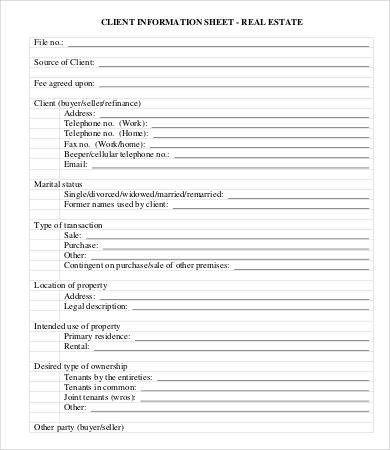 Customer Information form Template Client Information Sheet Templates 5 Blank Samples