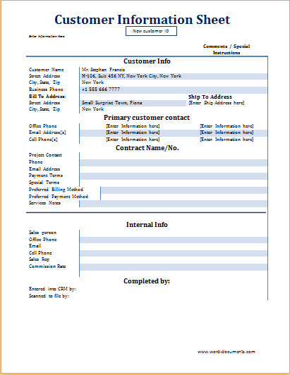 Customer Information form Template Customer Information Sheet Template