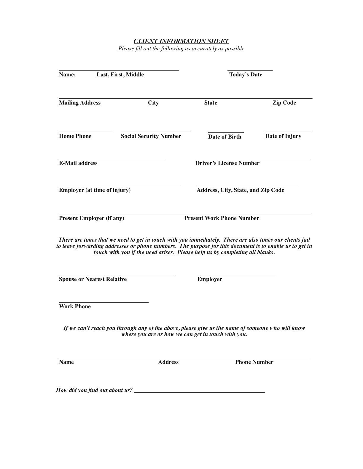 Customer Information form Template forms the Law Fice Of Regina Walsh Adams