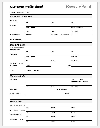 Customer Profile Template Excel Customer Profile Sheet Templates for Ms Word