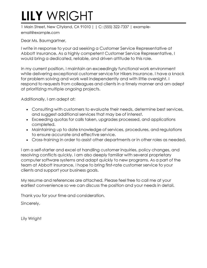 Customer Service Cover Letters Best Customer Service Representative Cover Letter Examples