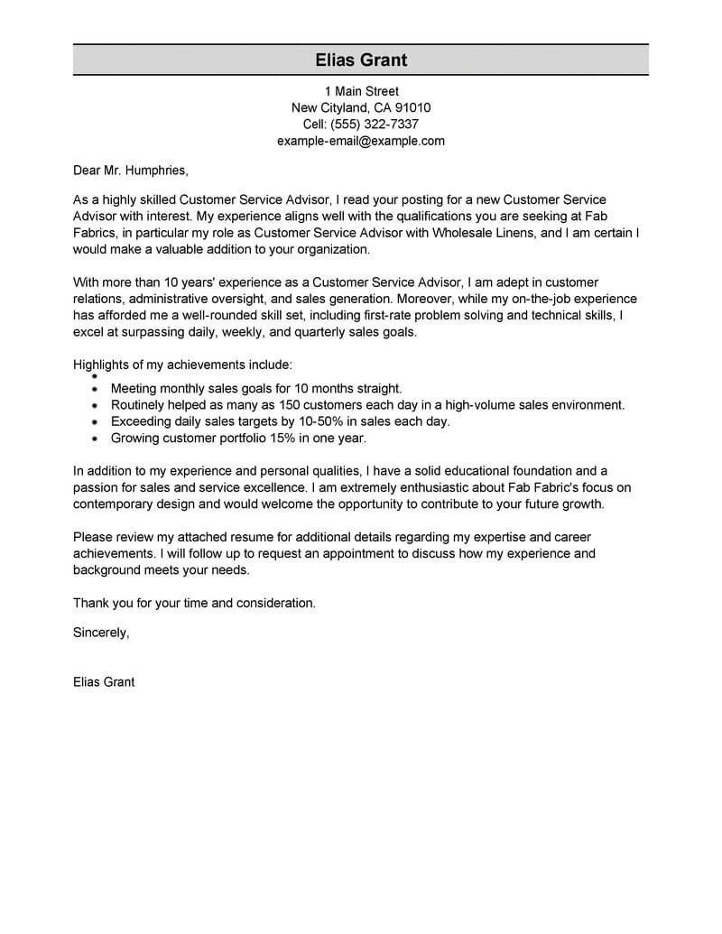 Customer Service Cover Letters Best Sales Customer Service Advisor Cover Letter Examples