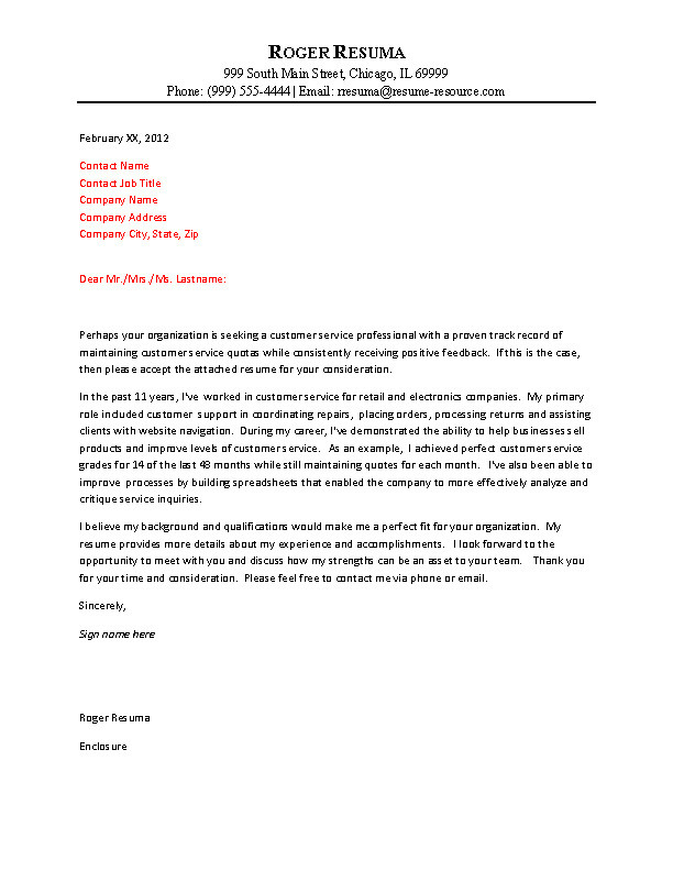 Customer Service Cover Letters Customer Service Cover Letter Example