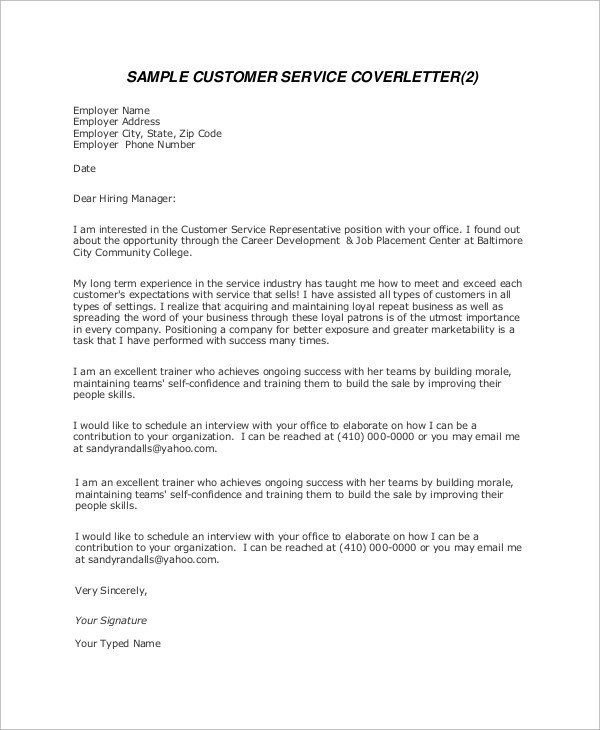 Customer Service Cover Letters Sample Customer Service Cover Letter 8 Examples In Word