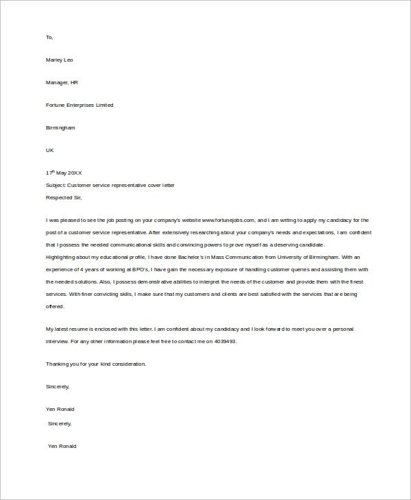 Customer Service Cover Letters Sample Customer Service Cover Letter 8 Examples In Word