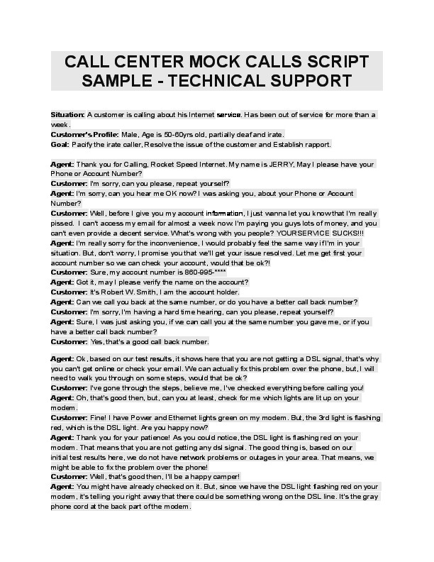 Customer Service Scripts Templates Call Center Mock Calls Script Sample Technical Support
