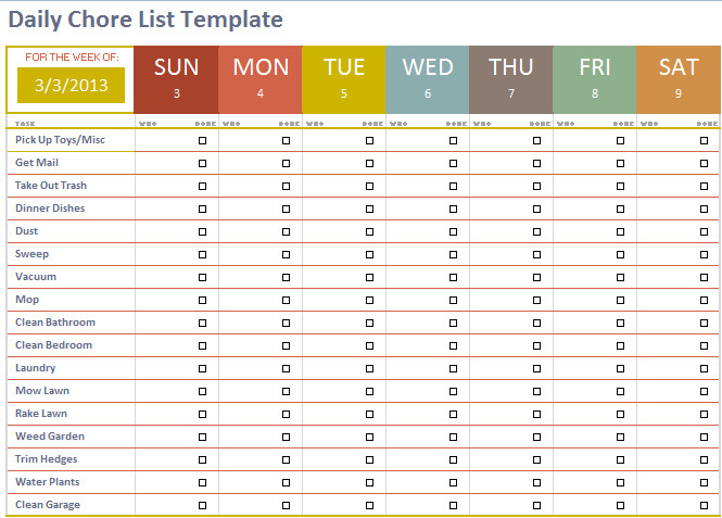 Daily Chore Chart Template Daily Chore List Template Microsoft Fice Templates