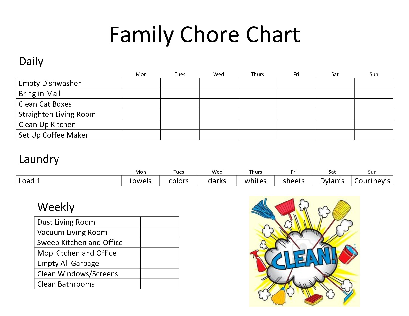Daily Chore Chart Template Daily Family Chore Chart Template Chore Charts