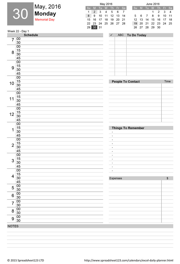 Daily Planner Template Excel Printable Daily Planner Template for Excel
