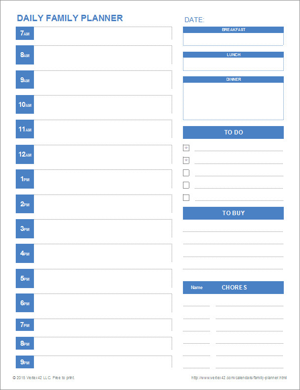 Daily Planner Template Excel Printable Family Planner Templates for Excel