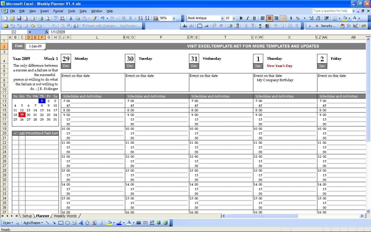 Daily Planner Template Excel Weekly Planner