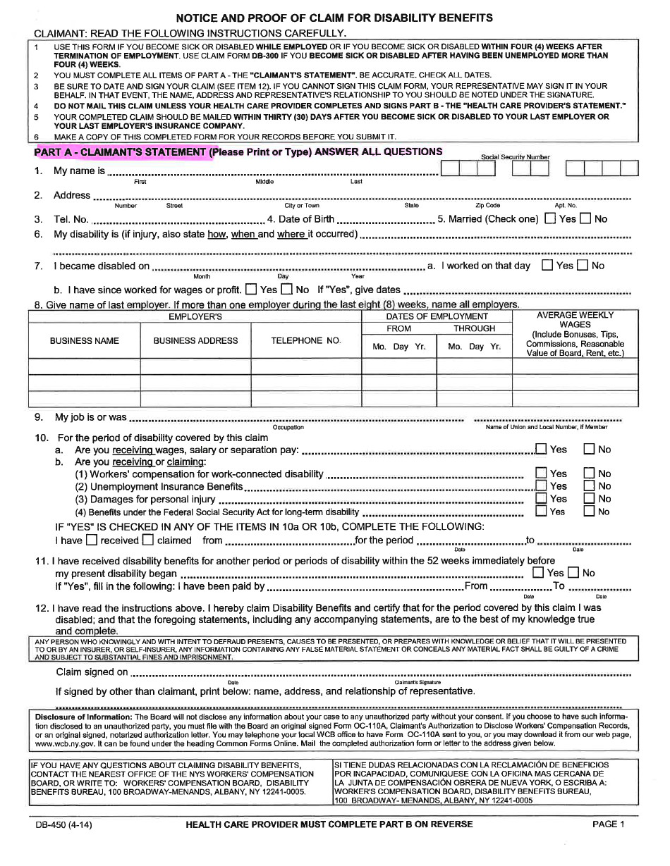 Db 300 form Db 450 form Notice and Proof Claim for Disability