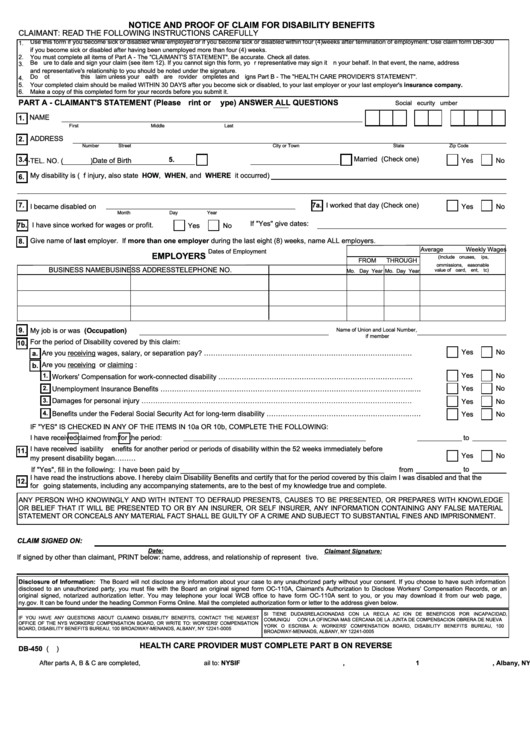 Db450 form Part C Db 450 form Notice and Proof Claim for Disability