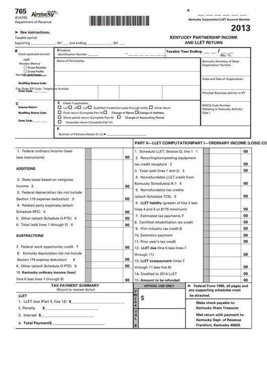 Db450 form Part C form 765 Kentucky Partnership In E and Llet Return