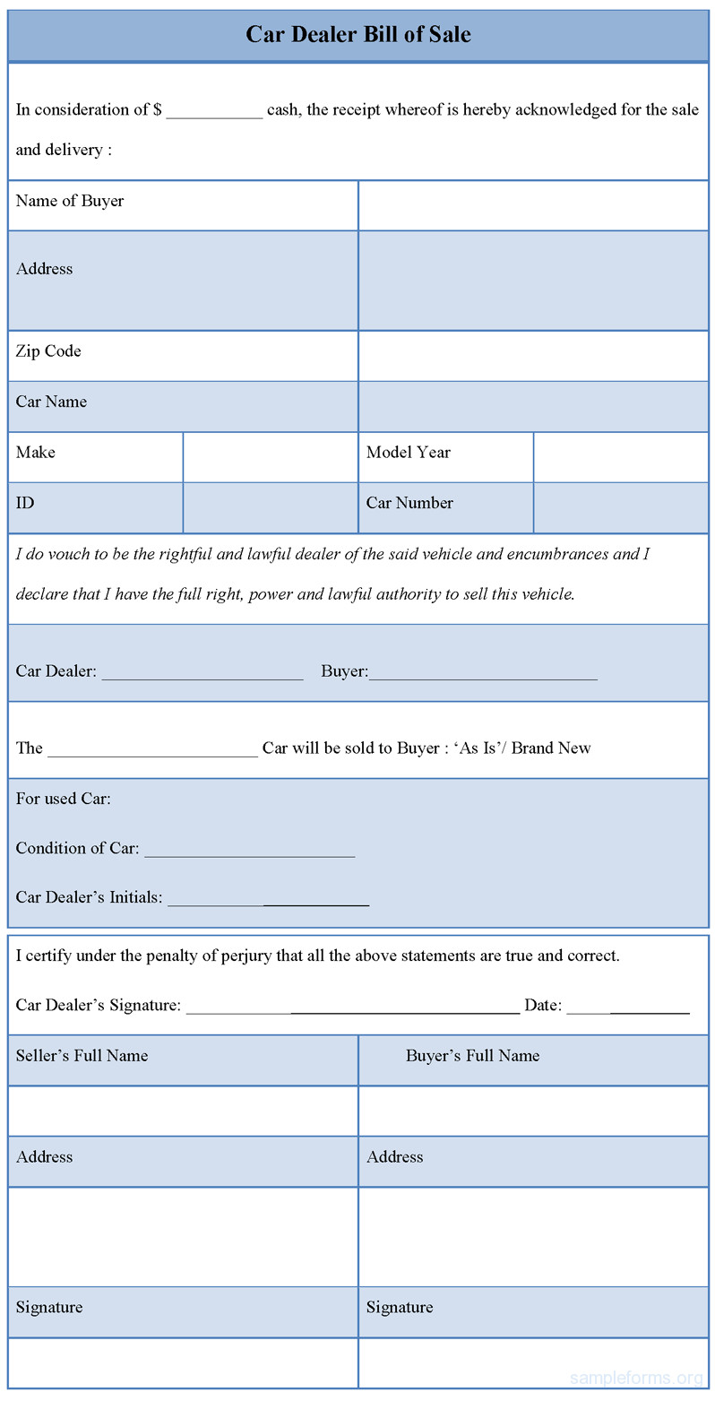 Dealer Bill Of Sale Car Bill Sale Sample Free Printable forms