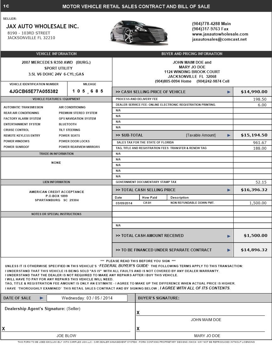 Dealer Bill Of Sale Car Dealer software Carfiles Usa Jacksonville Fl Samples