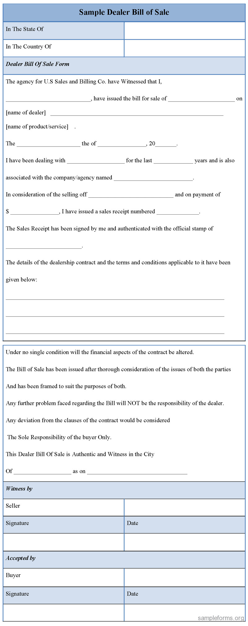 Dealer Bill Of Sale Dealer Bill Of Sale form Sample forms