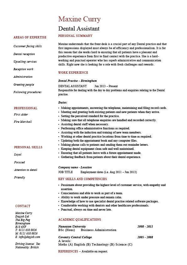 Dental assistant Resume Template Dental assistant Resume Dentist Example Sample Job