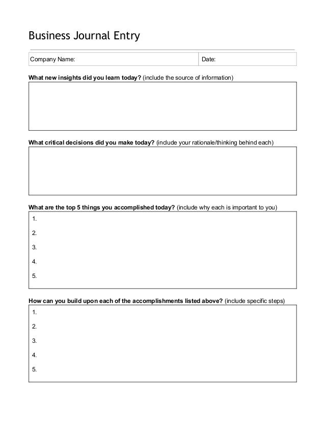 Diary Entry Template for Students Business Journal Daily Entry Template