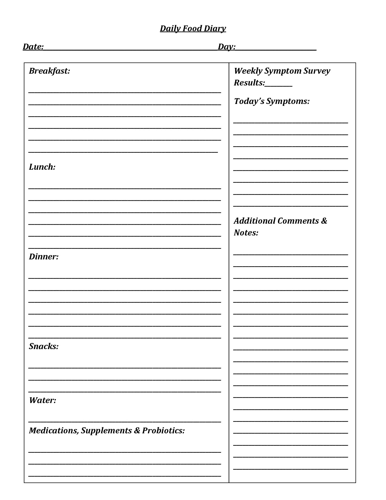 Diary Entry Template for Students Weight Loss Food Journal Template Printable