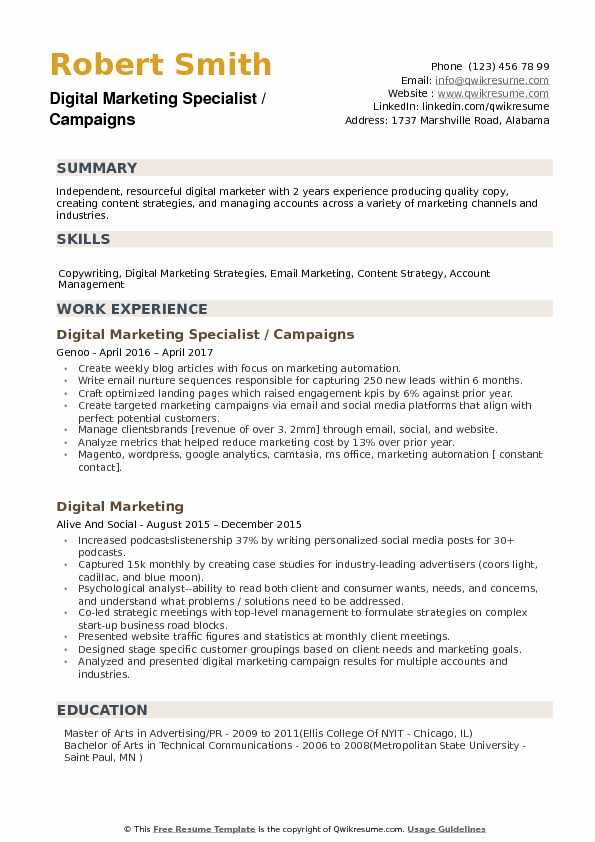 Digital Marketing Resume Sample Digital Marketing Specialist Resume Samples