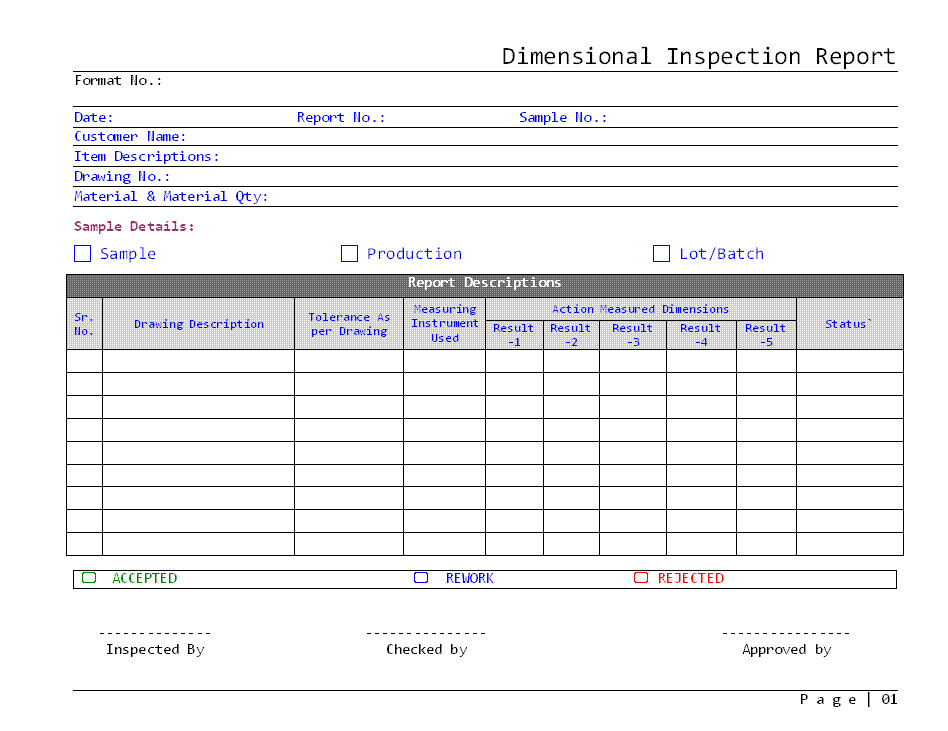 Dimensional Inspection Report Template Dimensional Inspection Report